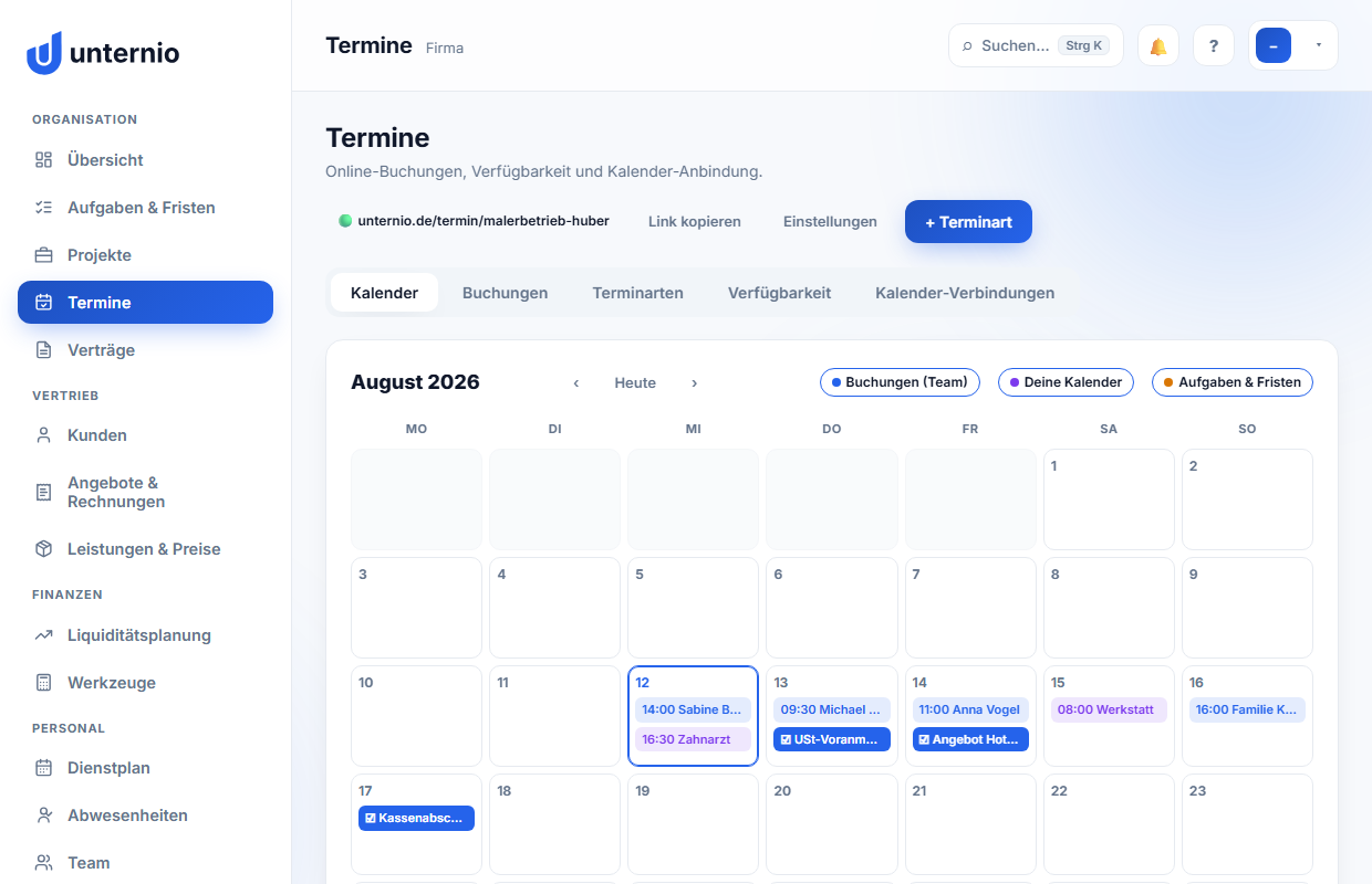 Die Kalender-Ansicht in Unternio: Online-Buchungen, eigene Kalender-Einträge und fällige Aufgaben in einem Monatsraster