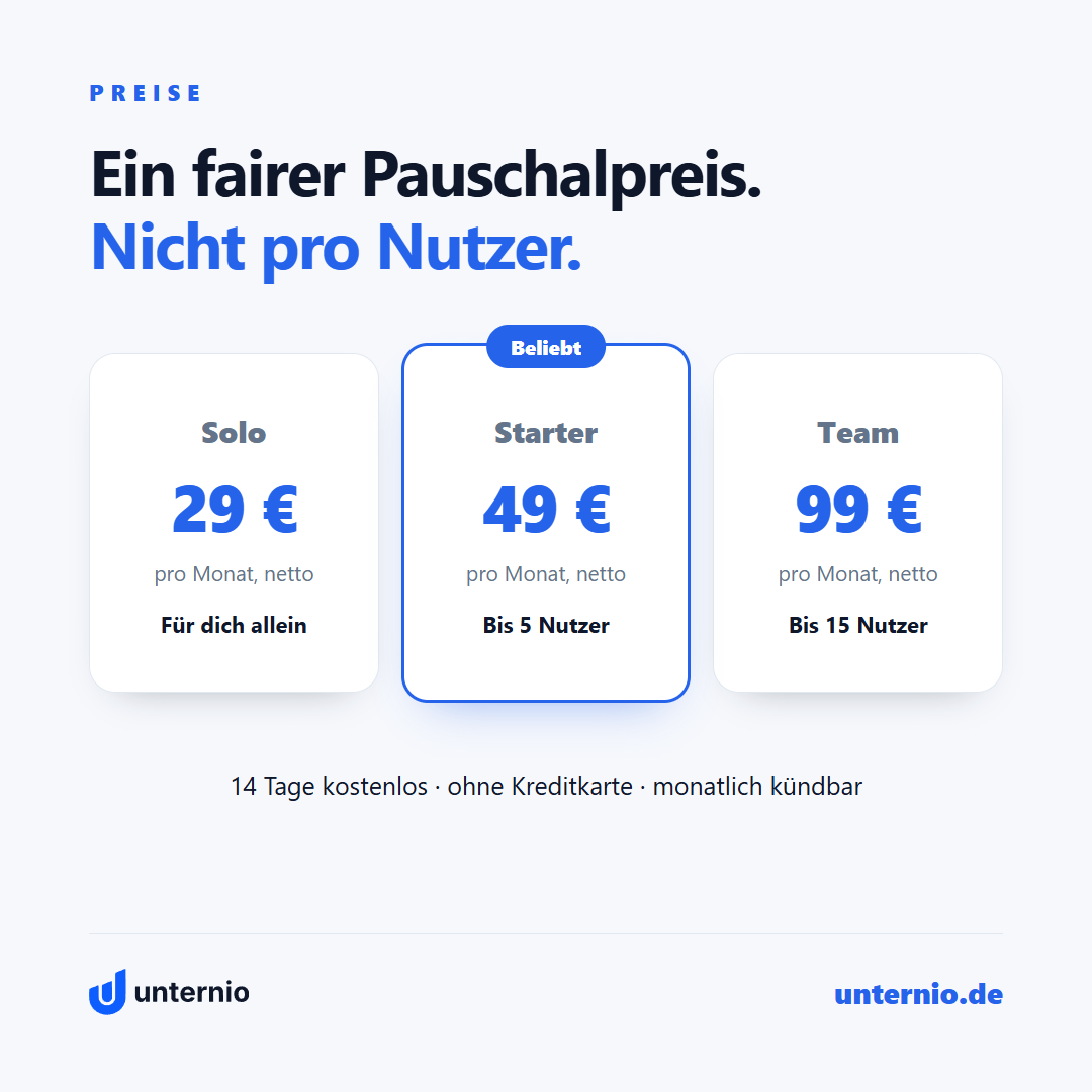Feed-Grafik: Preise Solo 29, Starter 49, Team 99 Euro netto (VERALTET, Starter kostet 59)
